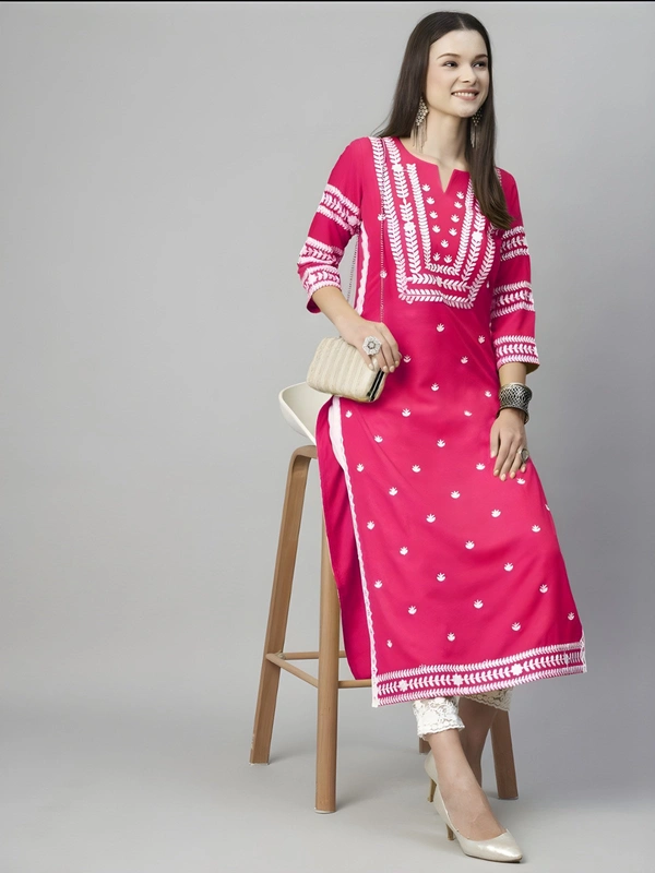 99 Fashion Bazaar Straight Embroidered Kurti in 100% Cotton Fabric  - Wild Watermelon, M