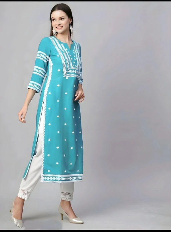 99 Fashion Bazaar Straight Embroidered Kurti in 100% Cotton Fabric  - Bright Turquoise, XL
