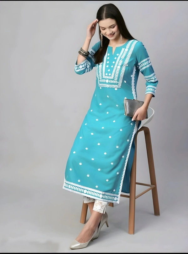 99 Fashion Bazaar Straight Embroidered Kurti in 100% Cotton Fabric  - Bright Turquoise, XXL
