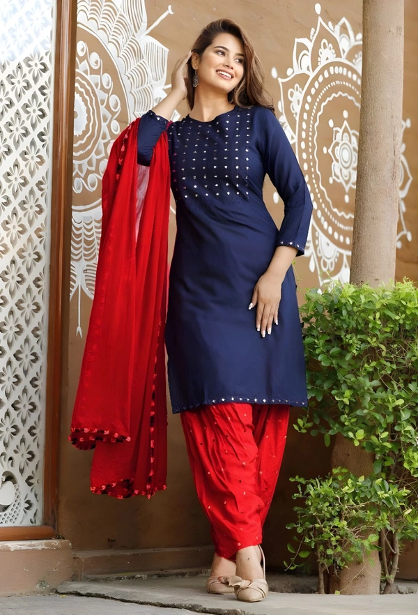 99 Fashion Bazaar Embroidered Patiyala Set in Soild Color Combination - Navy Blue, L
