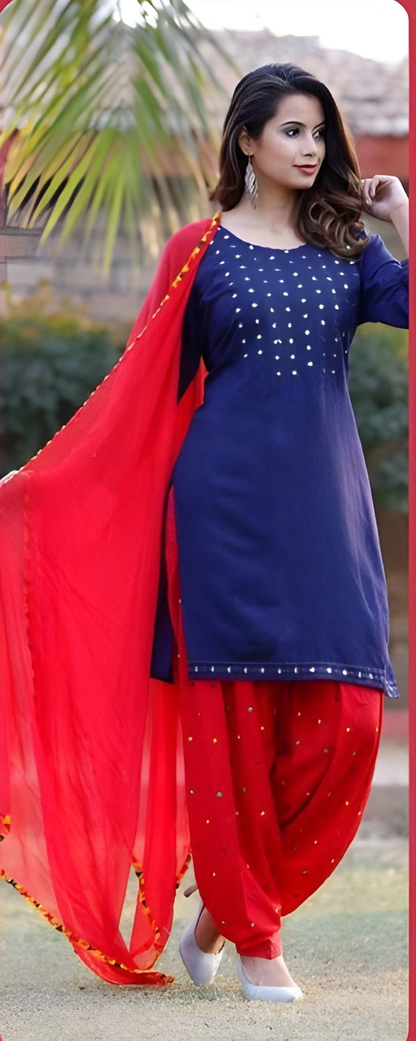 99 Fashion Bazaar Embroidered Patiyala Set in Soild Color Combination - Navy Blue, XXL