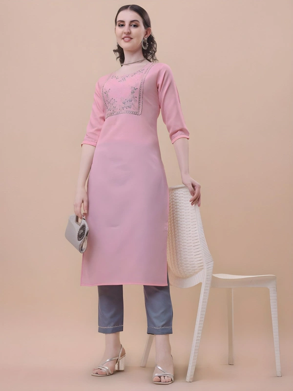99 Fashion Bazaar Women's Cotton Blend Kurta Pant with Ethnic Embroidered Work Casual Wear - Pink, XXL