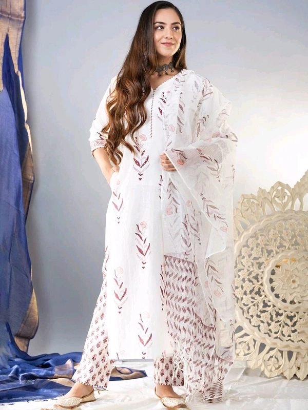 99 Fashion Bazaar  Kurta Set with Dupatta in Pure Soft Cotton Fabric  - White, M
