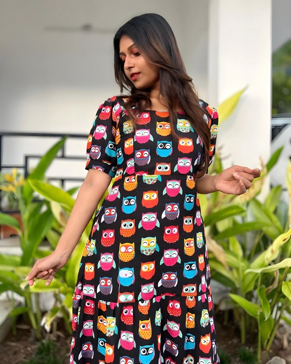 99 Fashion Bazaar A-Line Cotton Printed Dress - Black, L
