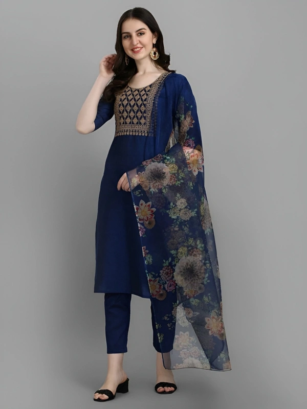 99 Fashion Bazaar Kurta Set in Silk Blend Fabric with Printed Dupatta. - Royal Blue, L