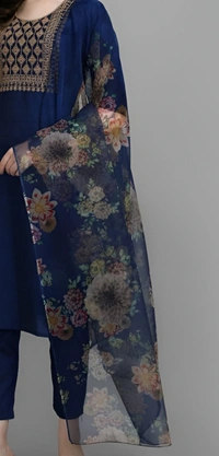 99 Fashion Bazaar Kurta Set in Silk Blend Fabric with Printed Dupatta. - Royal Blue, L