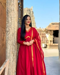 99 Fashion Bazaar Aliya Cut Anarkali Gown With Dupatta in Zari Border - Red, L