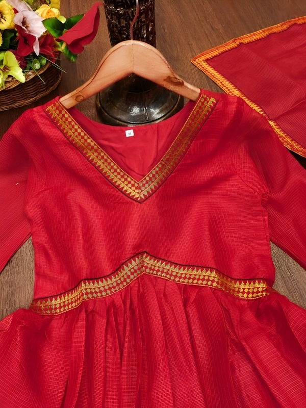 99 Fashion Bazaar Aliya Cut Anarkali Gown With Dupatta in Zari Border - Red, L