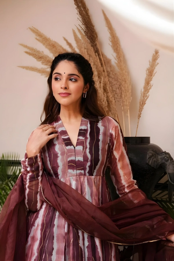 99 Fashion Bazaar Anarkali Set With Dupatta in  Organza Fabric - Brown, L