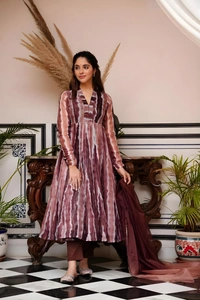 99 Fashion Bazaar Anarkali Set With Dupatta in  Organza Fabric - Brown, L