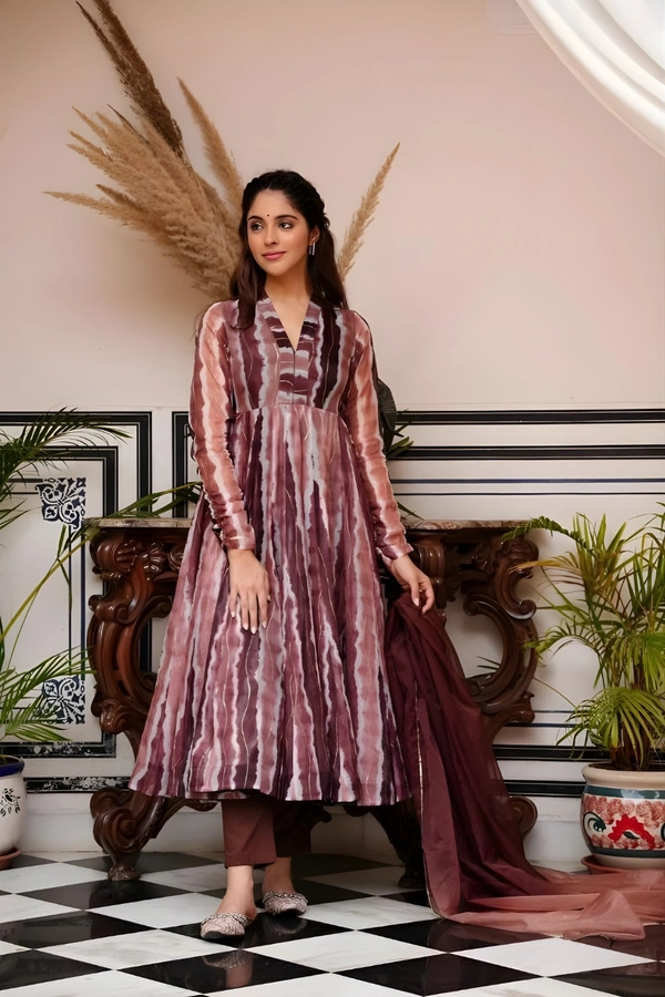 99 Fashion Bazaar Anarkali Set With Dupatta in  Organza Fabric - Brown, L