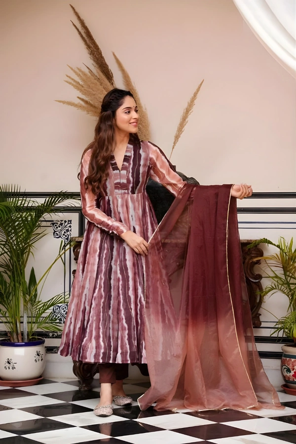 99 Fashion Bazaar Anarkali Set With Dupatta in  Organza Fabric - Brown, L