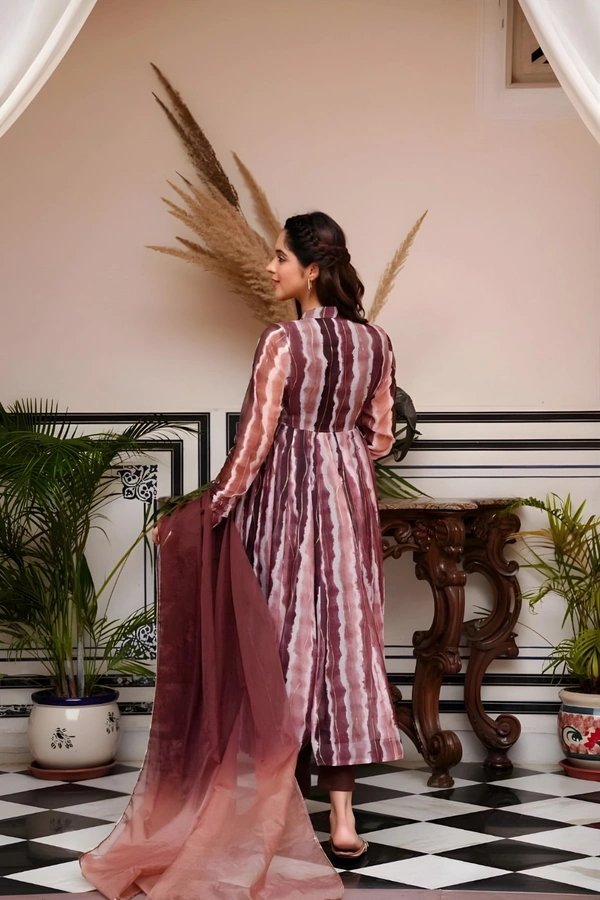 99 Fashion Bazaar Anarkali Set With Dupatta in  Organza Fabric - Brown, L