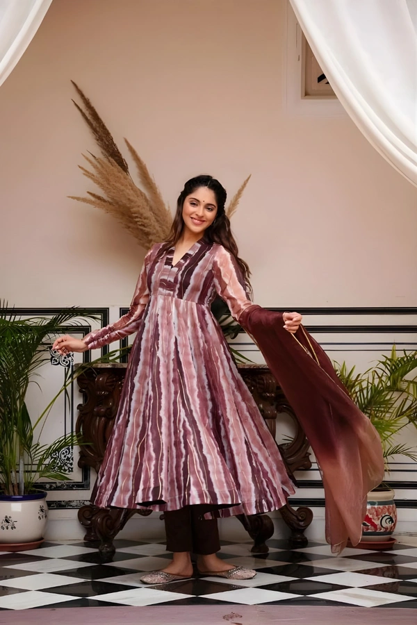 99 Fashion Bazaar Anarkali Set With Dupatta in  Organza Fabric - Brown, L