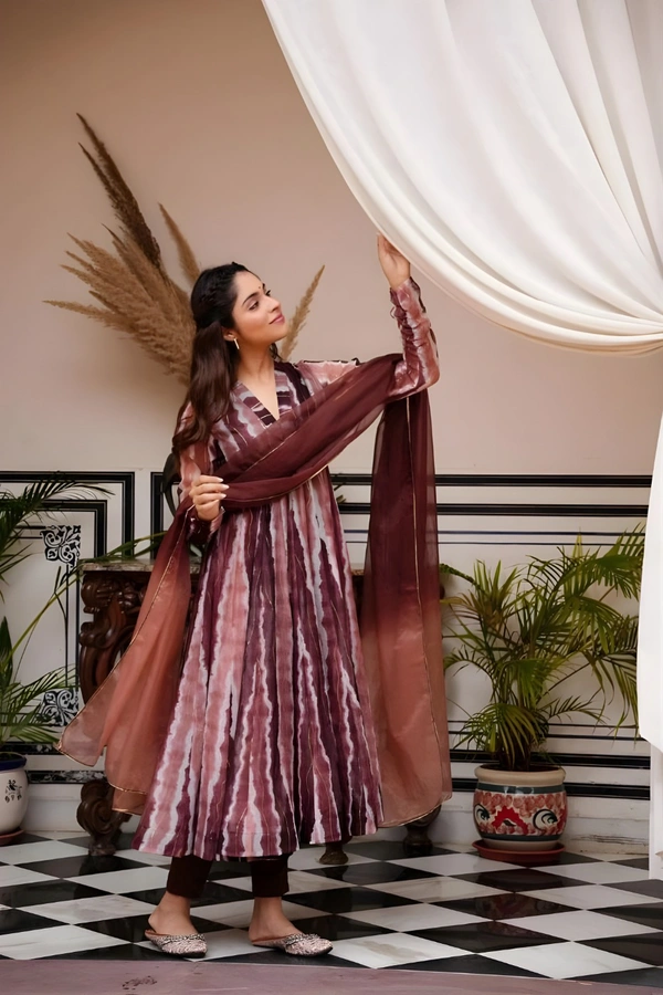 99 Fashion Bazaar Anarkali Set With Dupatta in  Organza Fabric - Brown, L