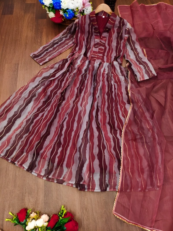 99 Fashion Bazaar Anarkali Set With Dupatta in  Organza Fabric - Brown, L