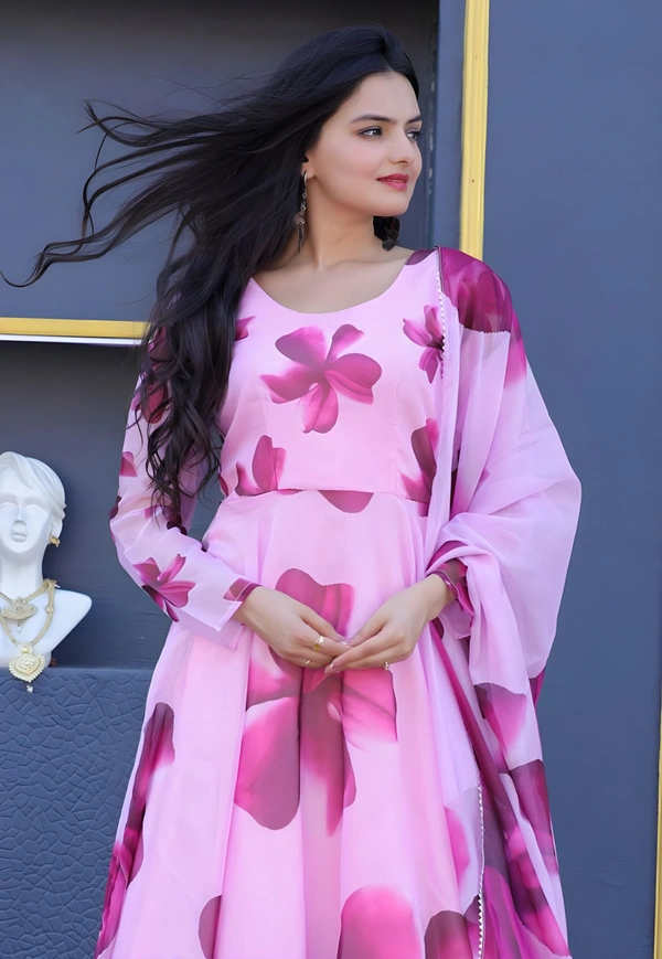 99 Fashion Bazaar Flaired Gown Set with Dupatta in Georgette Fabric - Magenta / Fuchsia, XXL