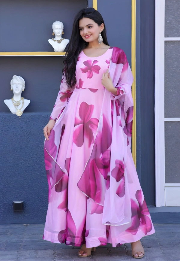 99 Fashion Bazaar Flaired Gown Set with Dupatta in Georgette Fabric - Magenta / Fuchsia, XXL