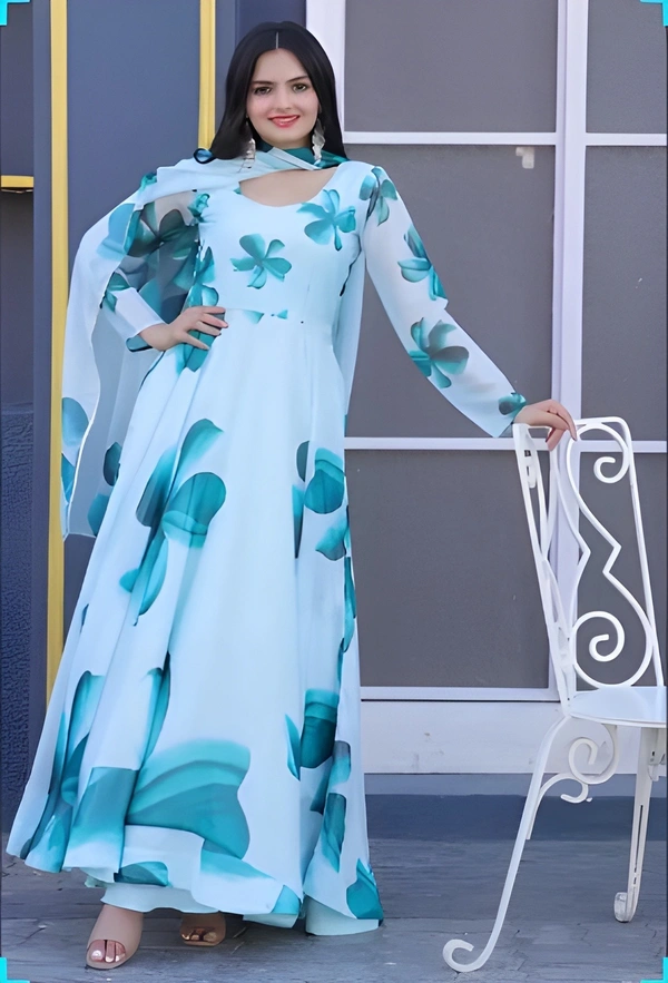 99 Fashion Bazaar Flaired Gown Set with Dupatta in Georgette Fabric - Curious Blue, M