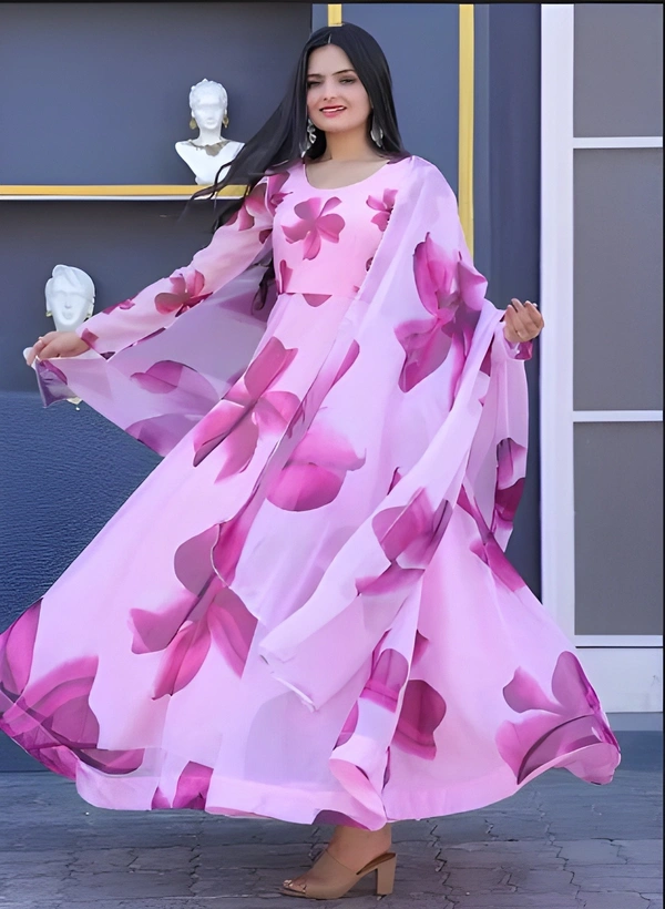 99 Fashion Bazaar Flaired Gown Set with Dupatta in Georgette Fabric - Magenta / Fuchsia, S