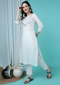 99 Fashion Bazaar Women's Cotton Blend Kurta Pant with Ethnic Embroidered Work Casual Wear - White, S