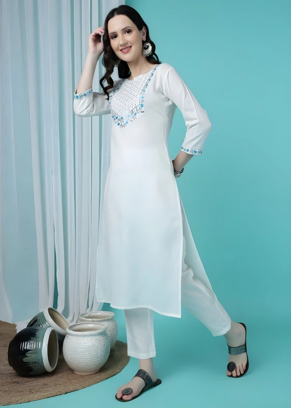 99 Fashion Bazaar Women's Cotton Blend Kurta Pant with Ethnic Embroidered Work Casual Wear - White, S