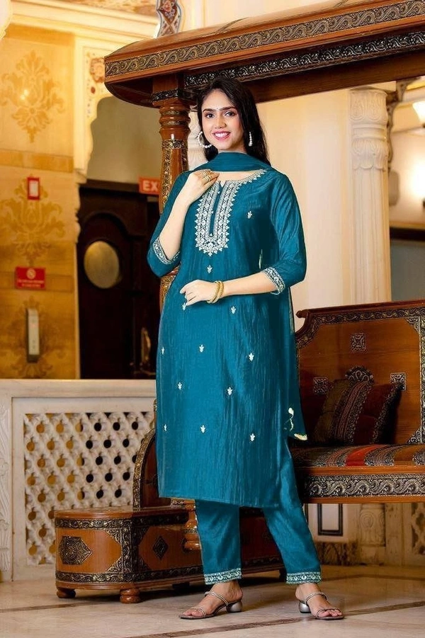 99 Fashion Bazaar Kurta Set with Dupatta in Cotton Fabric - Smalt, XL