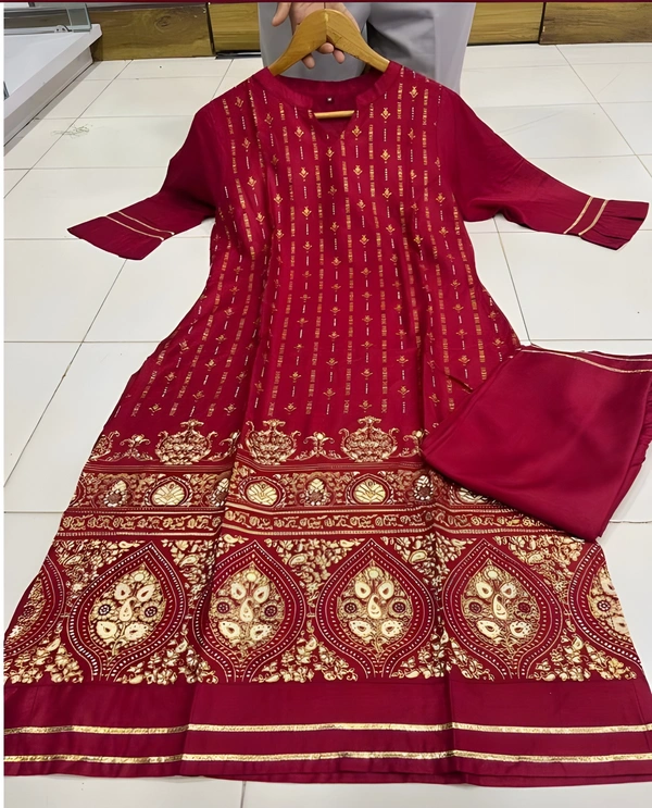 99 Bazaar  Kurta Set in Pure Rayon Foil Printed Fabric  - Bright Red, XXL