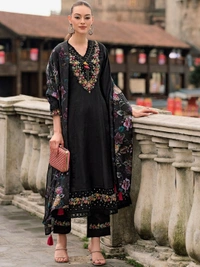 99 Fashion Bazaar Women's Heavy Emboridered A-Line Kurti Set in Chanderi Fabric with Dupatta.  - Black, XL