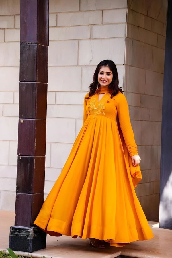 99 Fashion Bazaar Embroidered Gown with Dupatta in Solid Colors - Web Orange, XXL