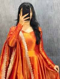 99 Fashion Bazaar Banarasi Tissu Fabric Gown with Embroidery Dupatta - Pizazz, S