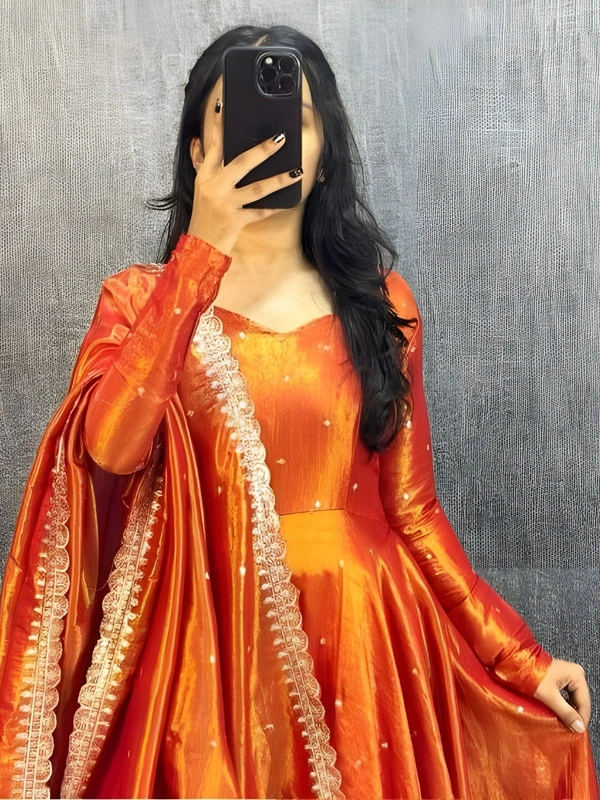 99 Fashion Bazaar Banarasi Tissu Fabric Gown with Embroidery Dupatta - Pizazz, XXL
