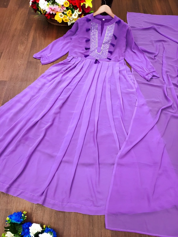 99 Fashion Bazaar Embroidered Gown with Dupatta in Solid Colors - Purple, XL