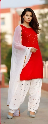 99 Fashion Bazaar Embroidered Patiyala Set in Soild Color Combination - Red, S
