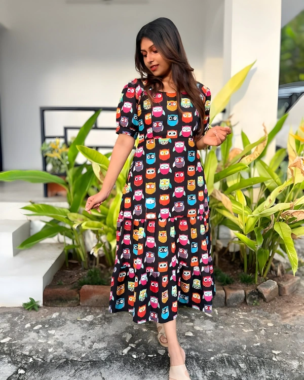 99 Fashion Bazaar A-Line Cotton Printed Dress - Black, L