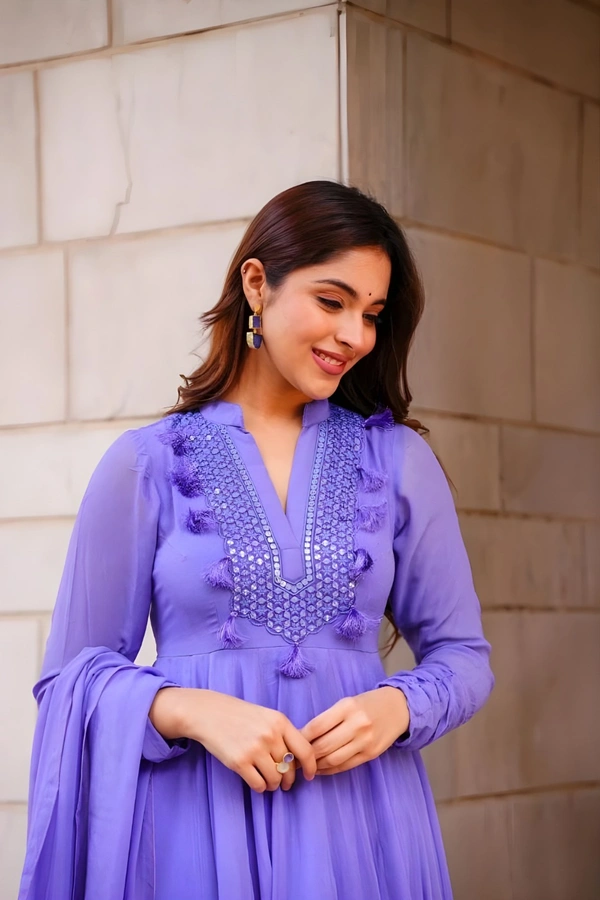 99 Fashion Bazaar Embroidered Gown with Dupatta in Solid Colors - Purple, XL