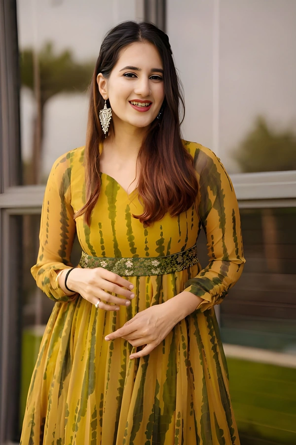 99 Fashion Bazaar Women's Gown in Very Elegant Prints with Waist Embroidered Belt - Reef Gold, XXL