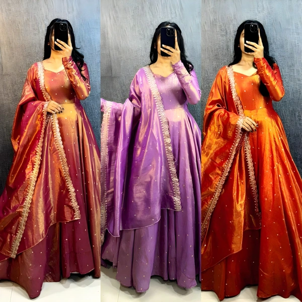 99 Fashion Bazaar Banarasi Tissu Fabric Gown with Embroidery Dupatta - Violet Eggplant, L