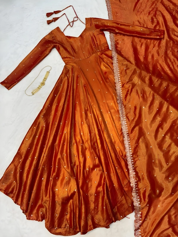 99 Fashion Bazaar Banarasi Tissu Fabric Gown with Embroidery Dupatta - Pizazz, S