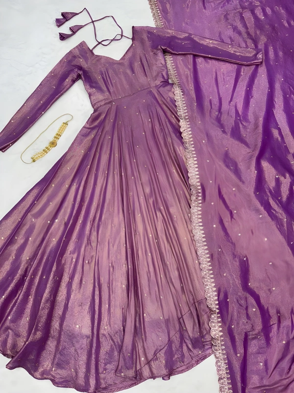 99 Fashion Bazaar Banarasi Tissu Fabric Gown with Embroidery Dupatta - Violet Eggplant, S