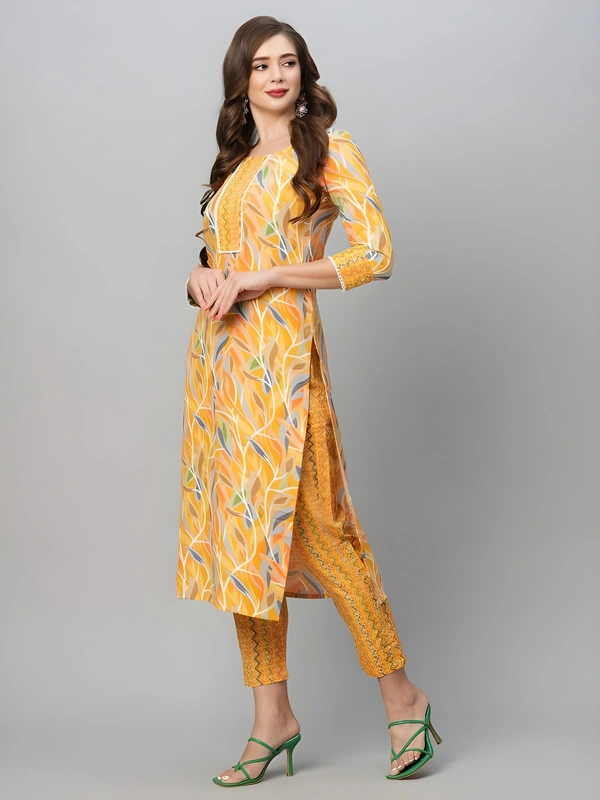 99 Fashion Bazaar  Women's Soft Cotton Printed Straight Kurta With Pant - XL, Yellow Orange