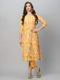 99 Fashion Bazaar  Women's Soft Cotton Printed Straight Kurta With Pant - L, Yellow Orange