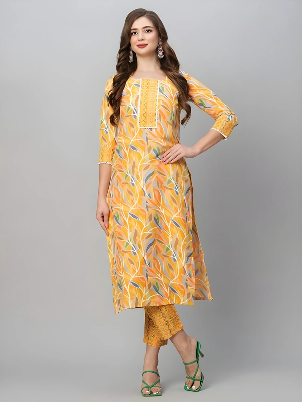 99 Fashion Bazaar  Women's Soft Cotton Printed Straight Kurta With Pant - L, Yellow Orange