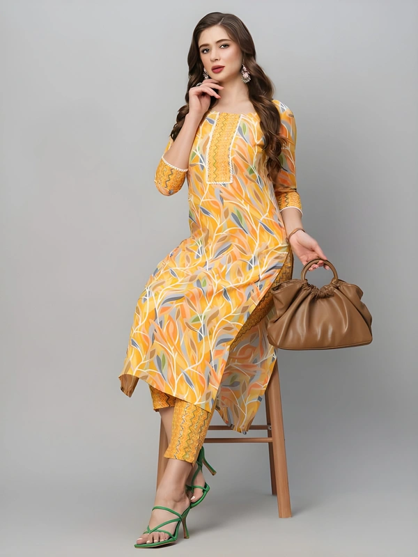 99 Fashion Bazaar  Women's Soft Cotton Printed Straight Kurta With Pant - XL, Yellow Orange