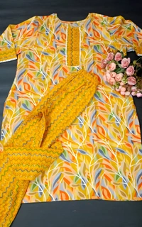 99 Fashion Bazaar  Women's Soft Cotton Printed Straight Kurta With Pant - L, Yellow Orange