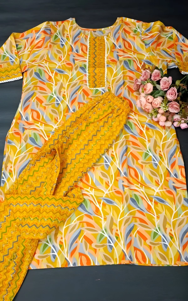 99 Fashion Bazaar  Women's Soft Cotton Printed Straight Kurta With Pant - L, Yellow Orange