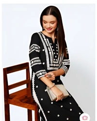 99 Fashion Bazaar Straight Embroidered Kurti in 100% Cotton Fabric  - Black, S