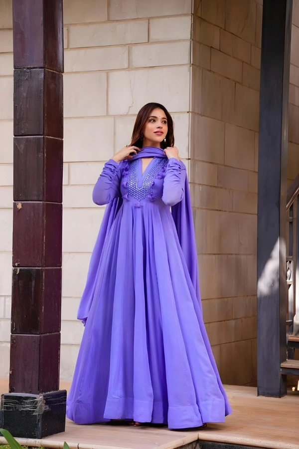 99 Fashion Bazaar Embroidered Gown with Dupatta in Solid Colors - Purple, XL