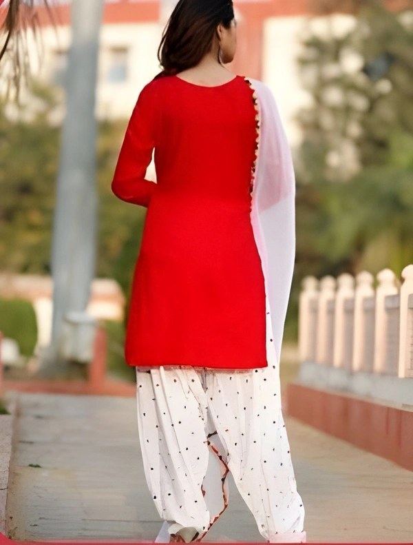 99 Fashion Bazaar Embroidered Patiyala Set in Soild Color Combination - Red, XXL