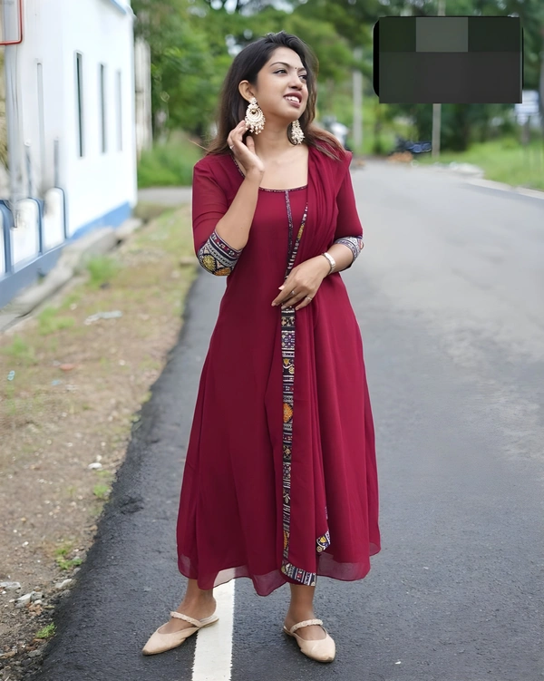 99 Fashion Bazaar A-LINE Kurti with Dupatta in Solid Colors - Maroon, M